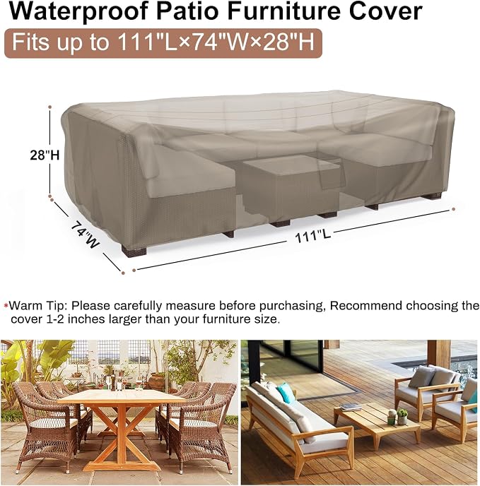 Mrrihand Heavy Duty Patio Furniture Covers, Outdoor Furniture Covers Waterproof Sectional Sofa Set, Patio Table and Chair Set Cover 111" L×74" W×28" H,Brown