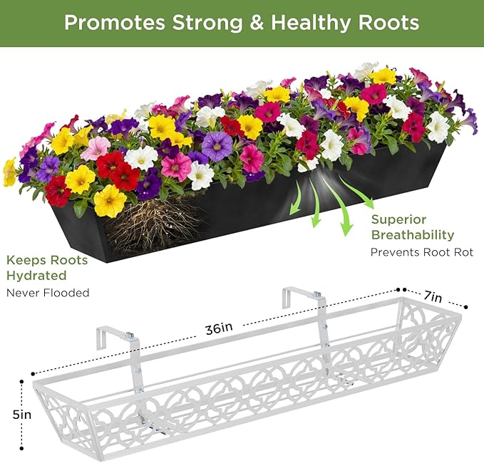 HFHOME 2 Pack 36 Inch Railing Planter Boxes with Adjustable Brackets & Non-Woven Fabric Liner Adjustable Gray Metal Window Box Planter for Balcony Deck Fence, Hanging Flower Basket for Outdoor Garden