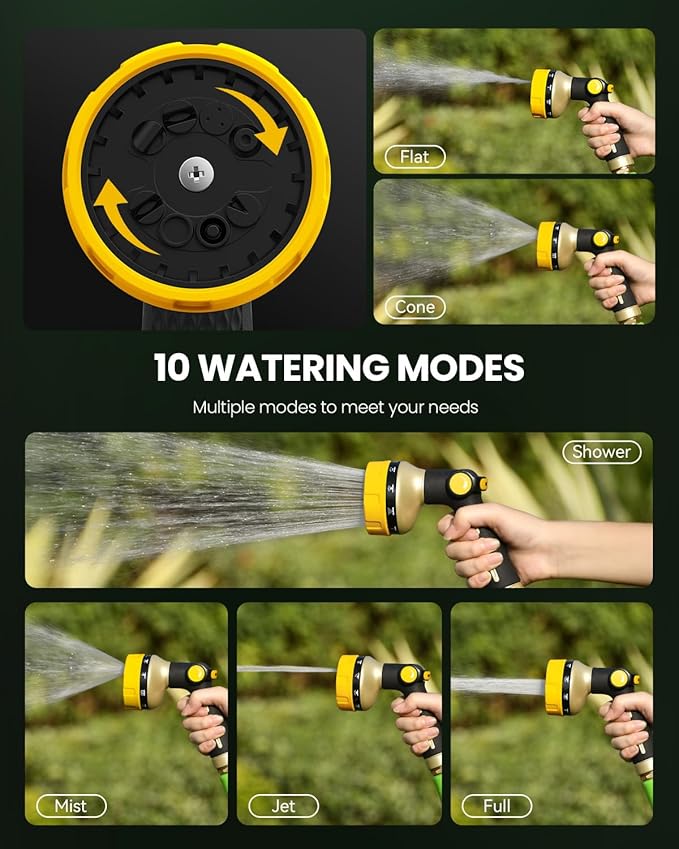 RAINPOINT Garden Hose Nozzle Heavy Duty - 100% Metal Thumb Control Spray Nozzles for Garden Hose High Pressure, 10 Patterns Water Hose Nozzle for Car Wash, Watering Lawn and Pets, Yellow