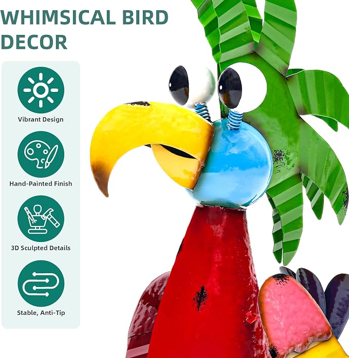 30" Tiki Bird Decor, Large Weatherproof Metal Parrot Yard Art | Handcrafted cartoon parrot with ground stake. For patio, lawn, balcony & indoor. Tropical party decor & unique gift ideal