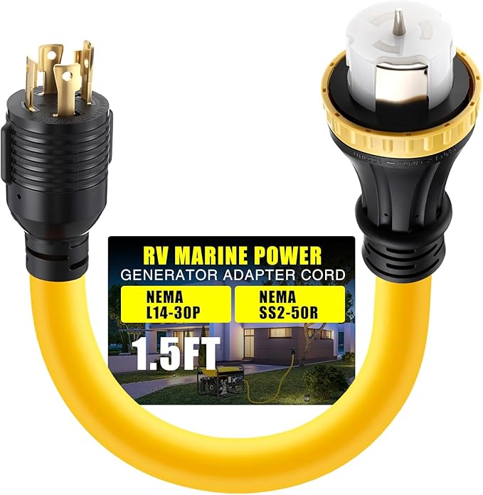 Tellegloww NEMA L14-30P to SS2-50R RV Marine Power Generator Adapter Cord, 30A 4 Prong Locking Generator L14-30P Male to 50A Marine Shore Power SS2-50R Female with Locking Ring 125V/250V (1.5ft)