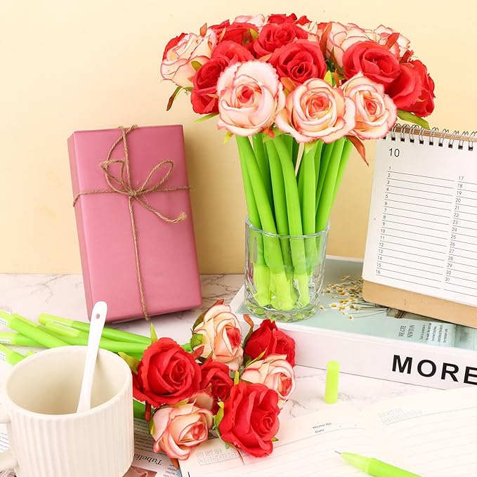 28 Pcs Flowers Pen Artificial Rose Pens Mother's Day Rose Shaped Ballpoint Pen Black 0.5mm Gel Ink Rollerball Pen Valentine's Day Flower Gel Ink Pens for Women Office School Supplies Students