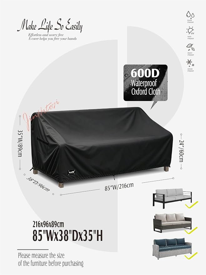 JinHrtoyi 3-Seater Outdoor Couch Cover, 85Wx38Dx35H inches Outdoor Furniture Covers Waterproof,100% Waterproof Heavy Duty Patio Furniture Covers,Black Minimalism Style Outdoor Sofa Cover