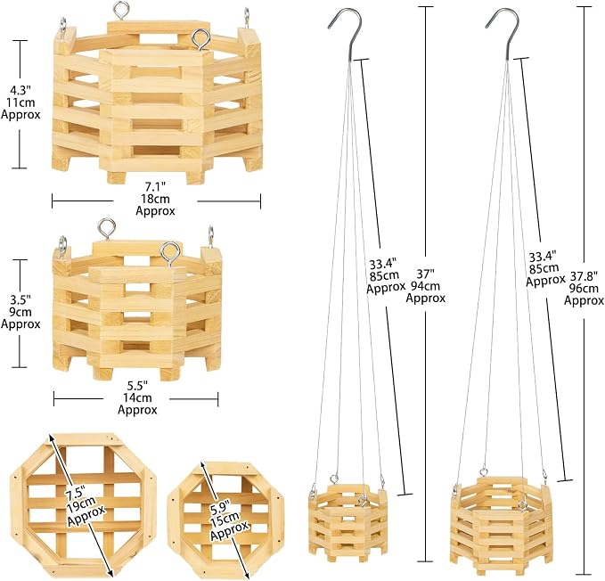 Wooden Orchid Baskets with Hangers for Epiphytes & Vandas, 6" & 8" Octagon Hanging Planter Set for Patio, Balcony Decor, Garden Flower Pots for Indoor Outdoor Plants, Set of 2