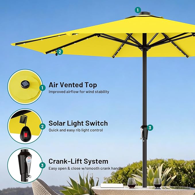 AreShark 11FT Large Patio Umbrella with Solar Lights, Lighted Solar Umbrella with Crank, Outdoor Table Market Umbrellas for Garden, Deck, Backyard, Pool and Beach, Yellow