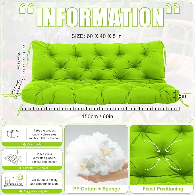 Porch Swing Cushions 3 Seater Replacement Thicken 5" Waterproof & Fade Resistant Swing Cushions for Outdoor Furniture Bench Patio Swing Cushion with Backrest & Ties(Green 60x40x5inch)