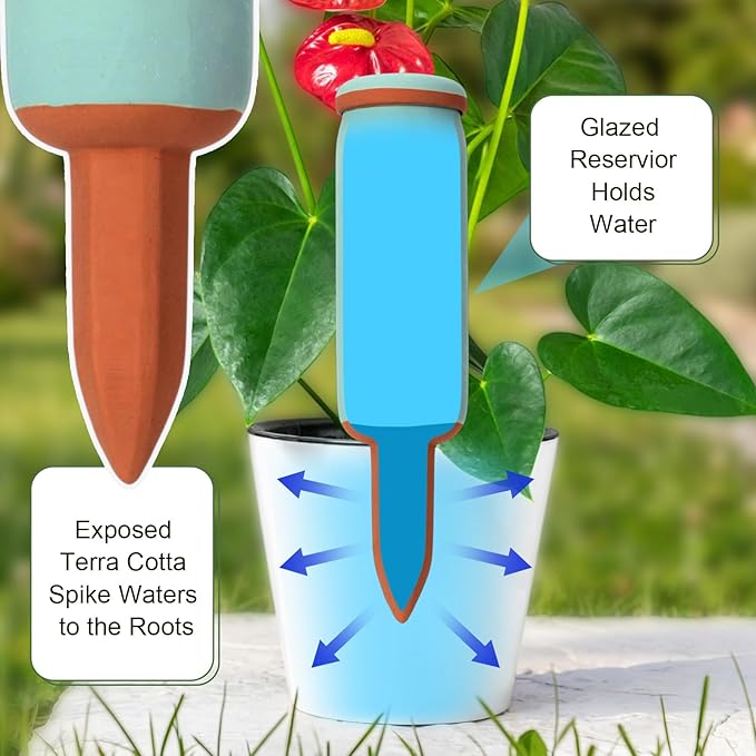 5 Pcs Large Terracotta Watering Spikes Set with Lids 17.5 oz Plant Watering Devices with Mini Shovel Self Water Spikes Plant Globes Insert Gardening Tools for Indoor Outdoor