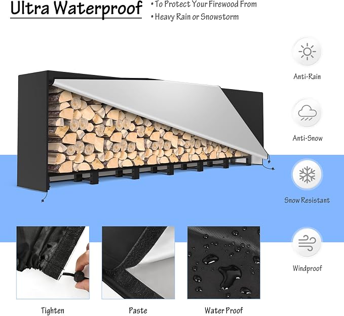 SunyesYoon Firewood Rack Outdoor 80in with Waterproof Cover - Heavy Duty Log Rack Indoor Holder, Upgraded Adjustable Fire Wood Racks, Storage Organizer Stand Tool for Fireplace, Black