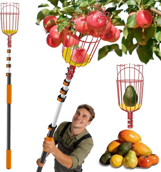 Buyplus 26ft High Reach Fruit Picker with Basket Telescoping, 5-20 Foot Heavy Duty Sturdy Aluminium Telescoping Extension Pole, Easy to Attach Twist-On Metal Basket for Picking Mango Avocado Lemon