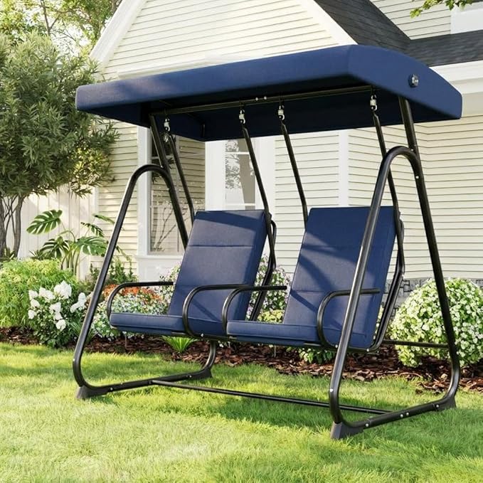 GarveeLife 2 Person Porch Swing Chair, Heavy Duty Outdoor Patio Swing Glider with Adjustable Canopy & Removable Cushions, Independent Swing Chairs for Garden, Balcony, Poolside, Backyard, Dark Blue
