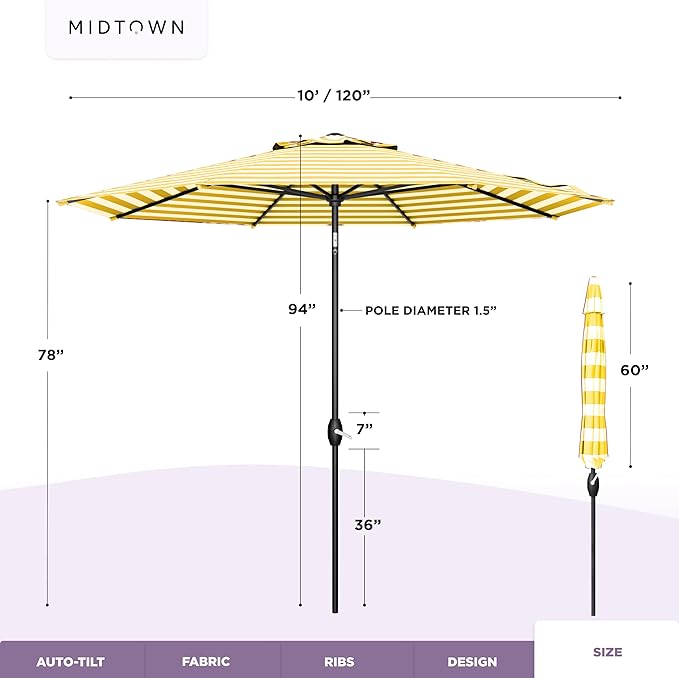 Midtown Umbrellas - 10-Year-No-Fade 10 Ft Patio Umbrella with Terylast Fabric, Auto-Tilt Aluminum Frame and 8 Reinforced Ribs for Deck, Pool, Garden & Beach - White/Yellow Stripes Canopy, Black Pole