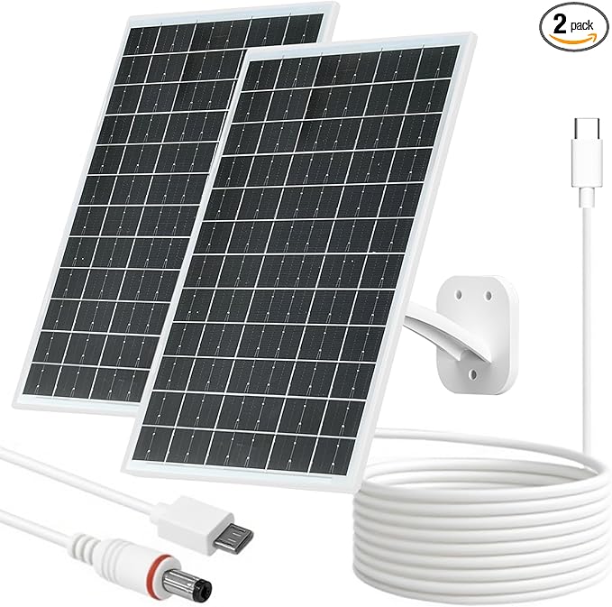 FUTUREZEN 13W Solar Panel for Security Cameras & Trail Cameras, USB-C, Micro USB & 5.5x2.1mm DC Output, IP66 Waterproof, 360° Adjustable Mount, 7.2FT Cable, 2 Pack