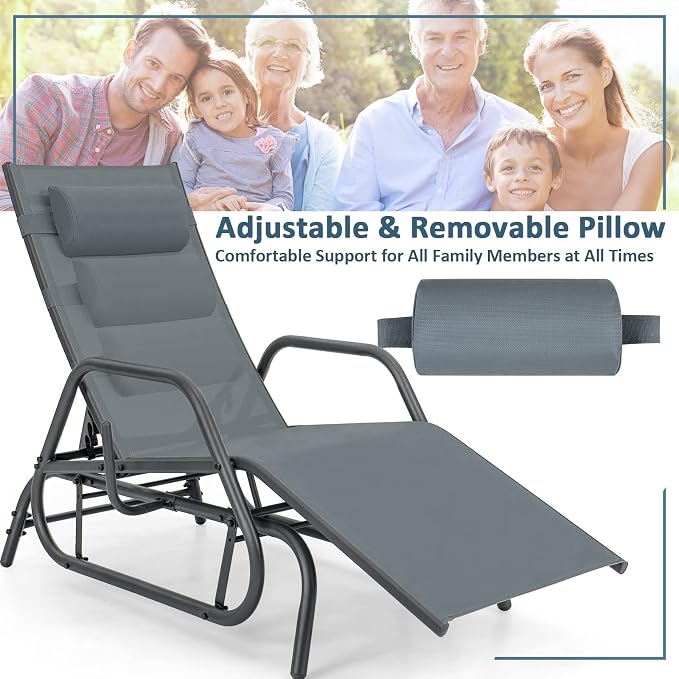 Tangkula Outdoor Glider Recliner Chair, Adjustable Backrest Patio Gliding Lounger Chair with Armrests and Pillow, Outdoor Swinging Rocking Chair with Breathable Fabric for Poolside, Backyard (1, Grey)