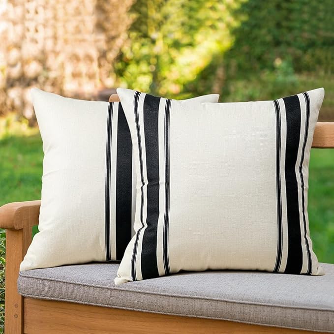 OTOSTAR Pack of 2 Outdoor Waterproof Decorative Pillow Covers 20x20 Inch Linen Geometry Pillowcases Cushion Case Garden Throw Pillow Covers Pillows Shell for Patio Furniture Couch Tent Balcony (Black)