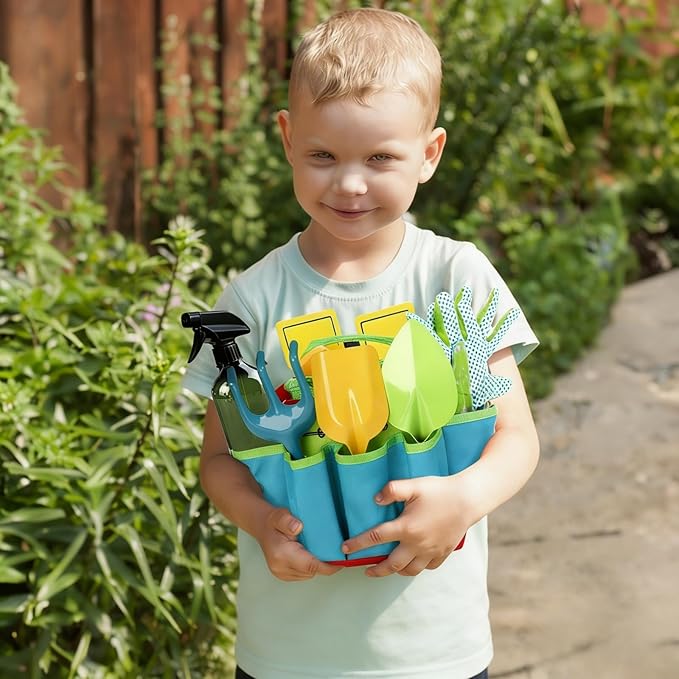 Cididu 8PCS Kids Garden Tools Set, Boys Girls Gardening Kit Tools Including Watering Can, Spray Bottle, Tote Bag, Trowel, Rake, Outdoor Garden Toy Gift for Beach