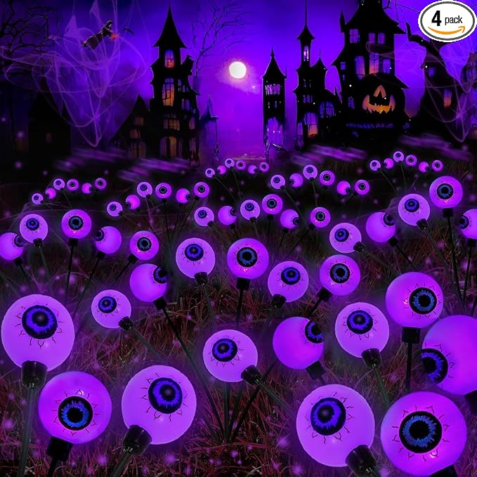Solar Halloween Decorations Outdoor 4 Pack 24LED Purple Solar Eyeball Light | Newly 3-Tier Design, 2 Lighting Modes, Auto ON/OFF, IP65 Waterproof, Firefly Lights for Walkway Yard Lawn Garden Horror Party