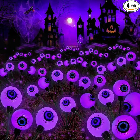 Solar Halloween Decorations Outdoor 4 Pack 24LED Purple Solar Eyeball Light | Newly 3-Tier Design, 2 Lighting Modes, Auto ON/OFF, IP65 Waterproof, Firefly Lights for Walkway Yard Lawn Garden Horror Party