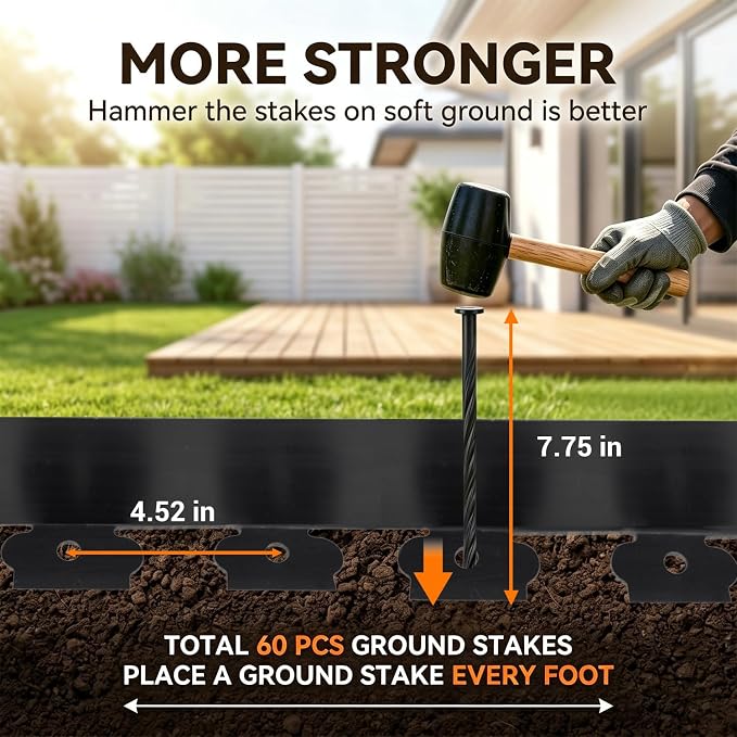 Hugeleaf 4.5 Inch Tall Landscape Edging 60 Feet Garden Edging with 60 Spikes, Plastic Landscape Border Edging for Landscaping Lawn, Flower Beds(Black)