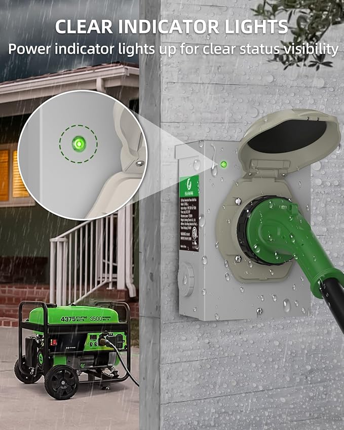 50 Amp Generator Power Inlet Box, Pre-drilled NEMA SS2-50P Box, 4-Prong Twist Lock Plug, 125/250V, 12500W, Weatherproof NEMA 3R for Outdoor Use, LED Indicator, Emergency Ready, ETL Listed