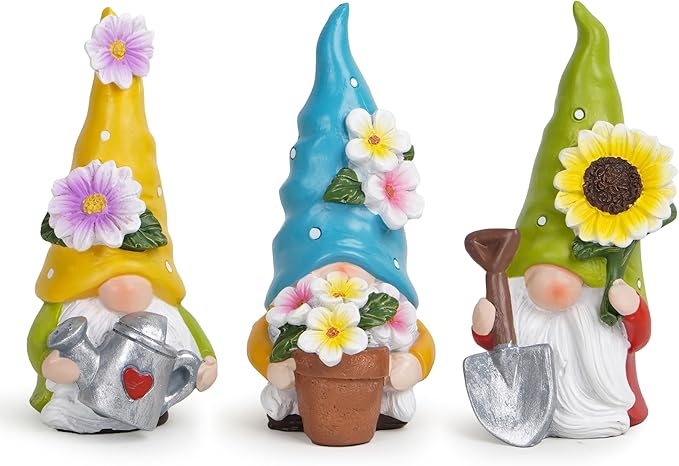 Hodao Spring Decorations for Home - Colorful Garden Gnomes Figurines with Flowers & Tools – Spring Summer Indoor Decor for Table, Lawn, Window Sill – Gift for Garden Lovers