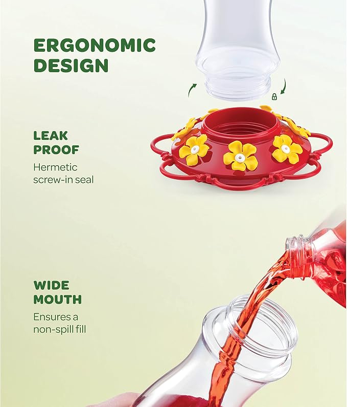 Hummingbird Feeder 30 oz [Set of 2] Glass Hummingbird Feeders for Outdoors - with Built-in Ant Guard - Circular Perch with 7 Feeding Ports - Wide Mouth for Easy Filling/2 Part Base for Easy Cleaning