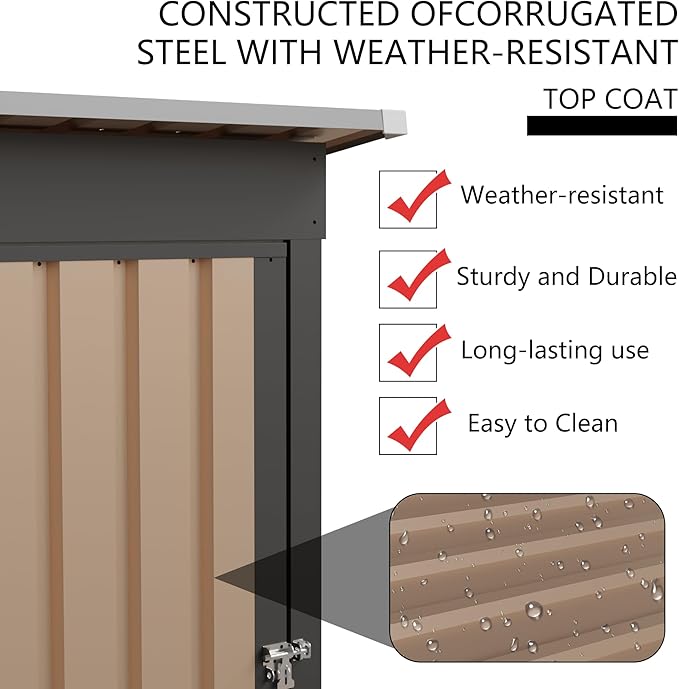KEIKI 5x3 FT Metal Storage Shed with Pent Roof & Lockable Door, Small Outdoor Garden Tool Shed for Backyard, Patio, or Tiny House, Brown
