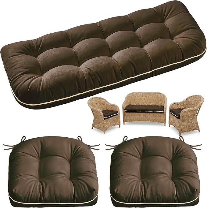 1 MIDDLE ONE Wicker Chair Cushions 3 Pieces Set for Outdoor Furniture, Replacement Patio Wicker Furniture Cushions, 1Pc Loveseat Cushion & 2Pcs Chair Cushions (Coffee)