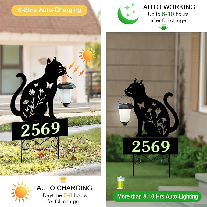 Solar Address Signs for Houses,Metal Cat House Number Outside Yard Stakes | Glow in The Dark Decorative Outdoor Ornaments for Garden,Lawn,Pathway,Patio