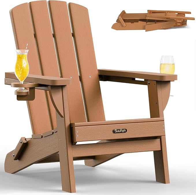 Folding Adirondack Chair, HDPE All-Weather Fire Pit Chairs, Plastic Adirondack Chairs with 2 Cup Holder, Outdoor Lawn Chair for Patio Garden (Teak)
