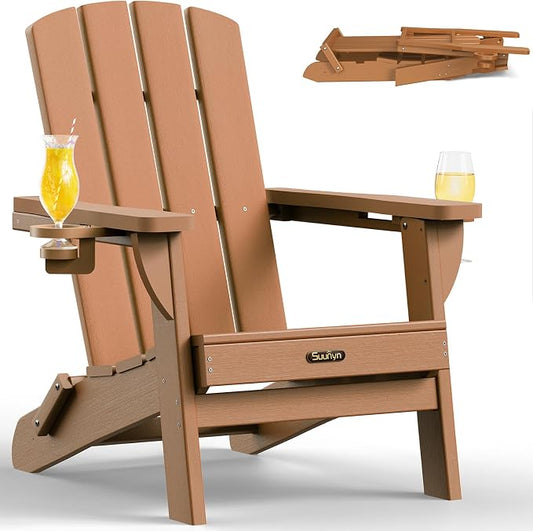 Folding Adirondack Chair, HDPE Adirondack Chairs with 2 Cup Holder, Plastic All-Weather Fire Pit Chairs, Outdoor Lawn Chair for Patio Garden (Teak)