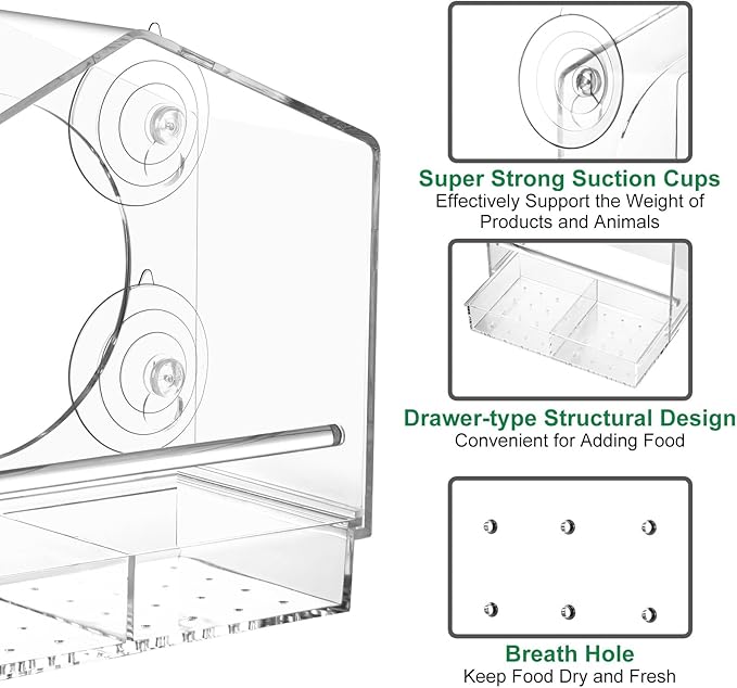Clear Window Bird Feeder with Slide-Out Removable Tray - 4 Strong 2.36 Inch Suction Cups Acrylic House - See-Through Window Feeders for Outside - Bird Watching for Mom, Cats & Elders