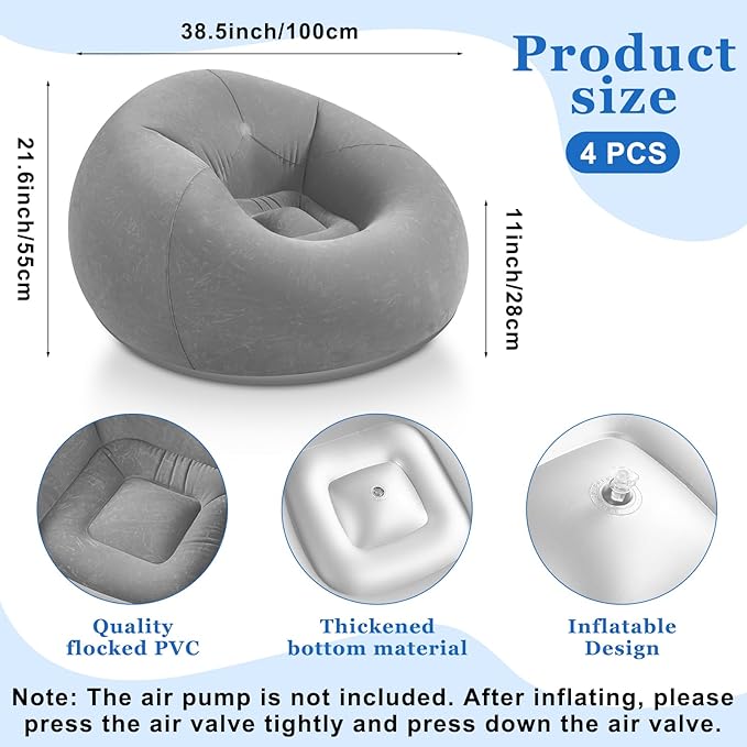 Realspring Inflatable Bean Bag Chairs Outdoor Blow up Camping Chairs Inflatable Lazy Sofa Folding Portable Bean Bag Loungers Couch for Movie Night(Dark Gray,4 Pcs)