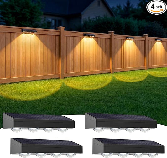 ShineTech Solar Fence Lights Outdoor Waterproof, 3-Color Lighting Modes LED Solar Powered Deck Lights, Outdoor Step Lights for Railing, Patio, Wall, Backyard (4 Packs)