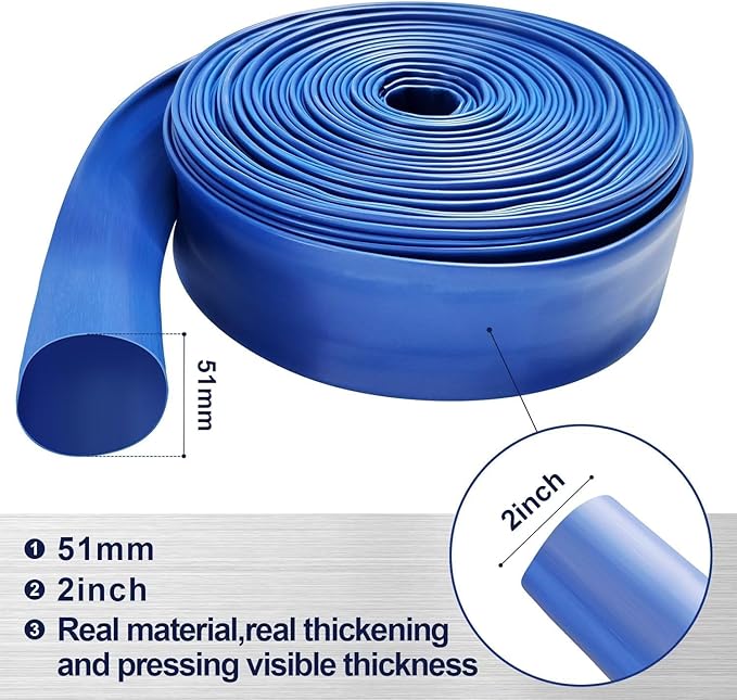 YASHINE PVC Drain HOSE 2"*100ft, Pool Backwash Hose, Heavy Duty Reinforced Blue PVC Lay Flat Water, For Swimming Drain Pools and Clean Filters, with 2 Clamp