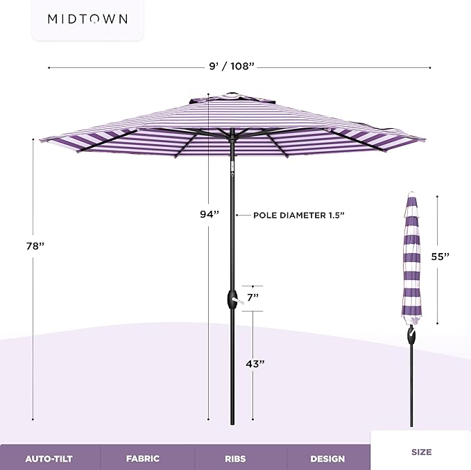 Midtown Umbrellas - 10-Year-No-Fade 9 Ft Patio Umbrella with Terylast Fabric, Auto-Tilt Aluminum Frame and 8 Reinforced Ribs for Deck, Pool, Garden & Beach - Purple Stripe Canopy, Black Pole