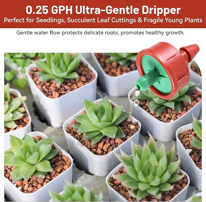 100 PCS 0.25 GPH Pressure Compensating Drip Irrigation Spot Watering Drippers/Emitters, Anti-Clog Self-Cleaning Drip Irrigation Emitters Heads Irrigation Drippers Parts for Seedlings, Mini Gardens
