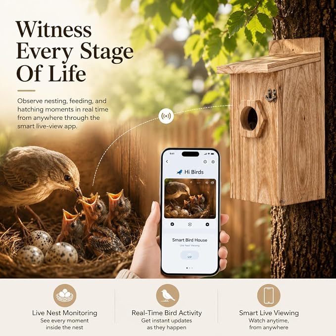 Smart Bird House with Camera, Wooden Birdhouse for Outdoor Bird Watching, App Live View, Color Night Vision, Motion Detection, 2-Way Audio, Waterproof Bird Nesting Box