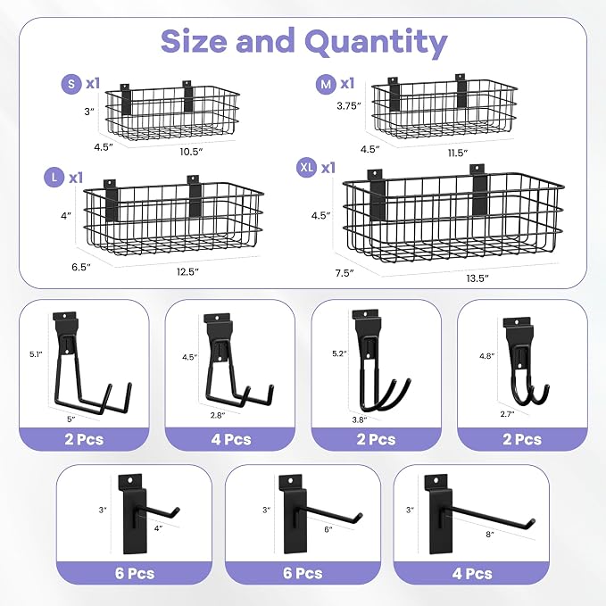 SMARTSTANDARD 30PCS Slatwall Accessories, Includes 4PCS Wall Baskets and 26PCS Multi Shapes(J/U/Straight) Hooks, Accessory for Garage Wall Organizer & Retail Display