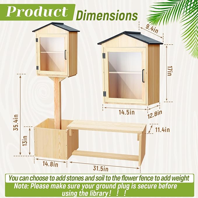 Wonderjune Little Library Box Outdoor, Weatherproof Solid Wood Free Library with Matching Wooden Seats Floor Plugs and Small Flower Fence for Neighborhoods Community School(Wood)
