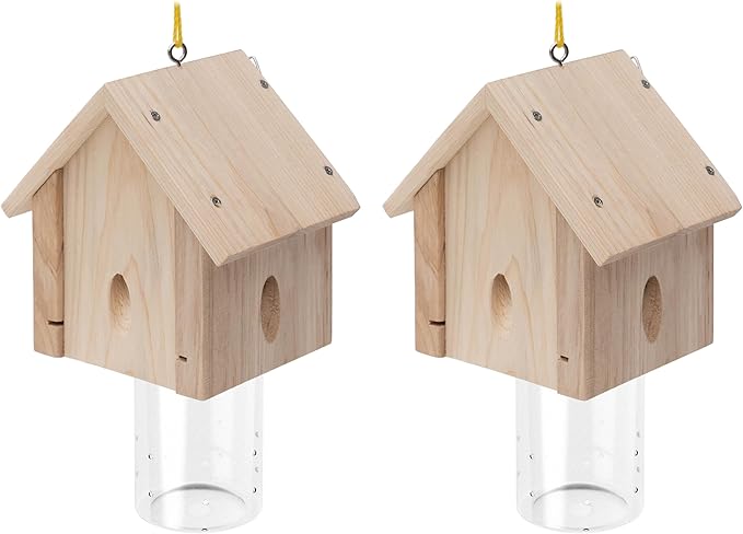 Best Bee Trap - Professional Carpenter Bee Trap for Outside - Cabin Style Nature Hanging Wood Trap for Outdoor with Removable Bee Vault (2 Pack)