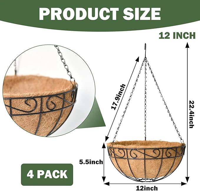 4 Pack 12 Inch Hanging Baskets for Plants Outdoor Metal Hanging Planter Basket with Coco Coir Liner Hanging Flower Baskets Hangings Flower Pots Holder for Garden, Patio(Flower)