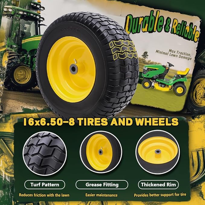 16x6.50-8 Tire and Wheel Assembly (2 Pack), Pre-Installed 3/4" Bushing, 3" Offset Hub, Flat Free Solid Rubber Tire, For Compatible 3/4" Axle Lawn & Garden Equipment (Yellow)