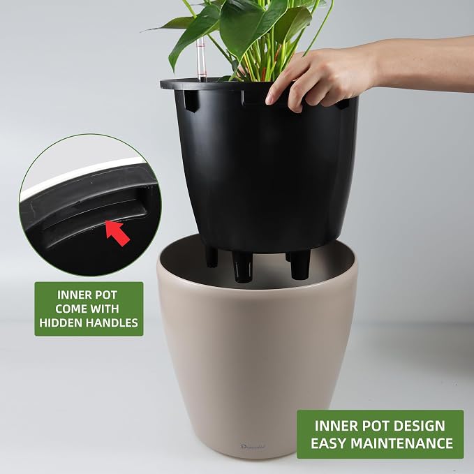 Dexceder 18x17 Self Watering Planter with Wheels (Taupe Matte) | Inner Pot Design, Thickened Large Floor Standing Flower Plant Pot with Water Level Indicator Indoor Outdoor