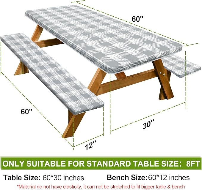 Play Tailor Picnic Table Cover with Bench Covers Camping Essentials Waterproof Windproof Camping Tablecloth with Drawstring Bag, Fitted Rectangle Tables and Seats, 60in, Grey Checkered