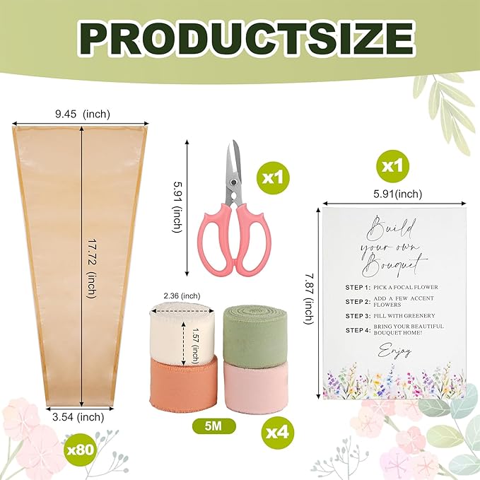 AXQMY 86 Pcs Flower Bar Supplies Include Flower Bar Sign, 80 Clear Bouquet Wrapping Bags, 2 Garden Scissors, Light Pink Green White Orange Chiffon Ribbons for Wedding, Bridal Shower, Garden Party