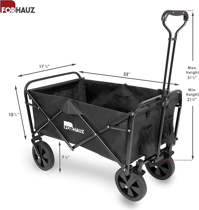ForHauz Folding Collapsible Heavy Duty Wagon Cart with All-Terrain Wheels for Outdoor Utility, Beach and Garden, Black