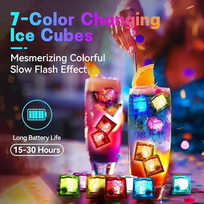 Light Up Ice Cubes for Drinks 48 Pack 7-Color Light Up Ice Cube IP67 Waterproof Led Ice Cube Reusable Ice Cubes for Cocktails Bar Nightclub Party Wedding Swimming Pool Bath Garden Decor