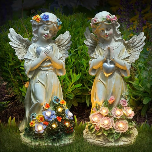 Angel Garden Statue 2Pcs,Love Heart Solar Garden Decor with Warm Light,Waterproof Praying Angel Statue with Flowers,Outdoor Garden Decor Sculpture for Lawn Yard Patio Garden Present,Apricot