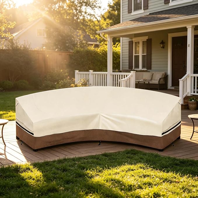 Okcool Outdoor Sectional Cover,Curved Patio Furniture Covers for 3-4 Seater Outdoor Furniture Couch,120"(Back Arc Length) x 82"(Front Arc Length),Beige & Brown