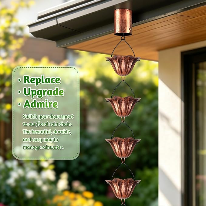 Rain Chains for Gutters Outside 8.5FT Copper Rain Catcher Chain with Adapter 16 Cups Decorative Replacement for Downspout